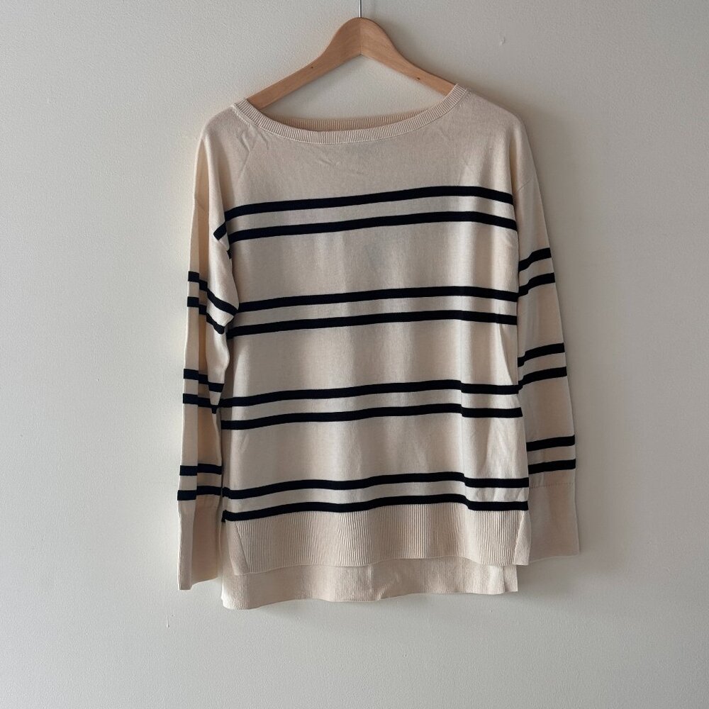Banana Republic Forever Sweater Womens Small Beige Black Striped Long Sleeve